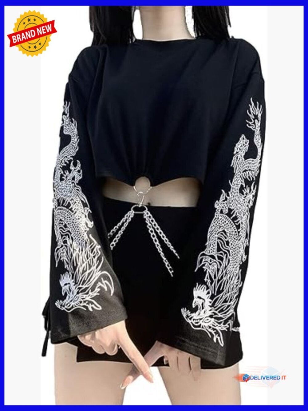 Gothic Crop Top Long Sleeve Crewneck Grunge Alt Emo Shirt with Iron Chain